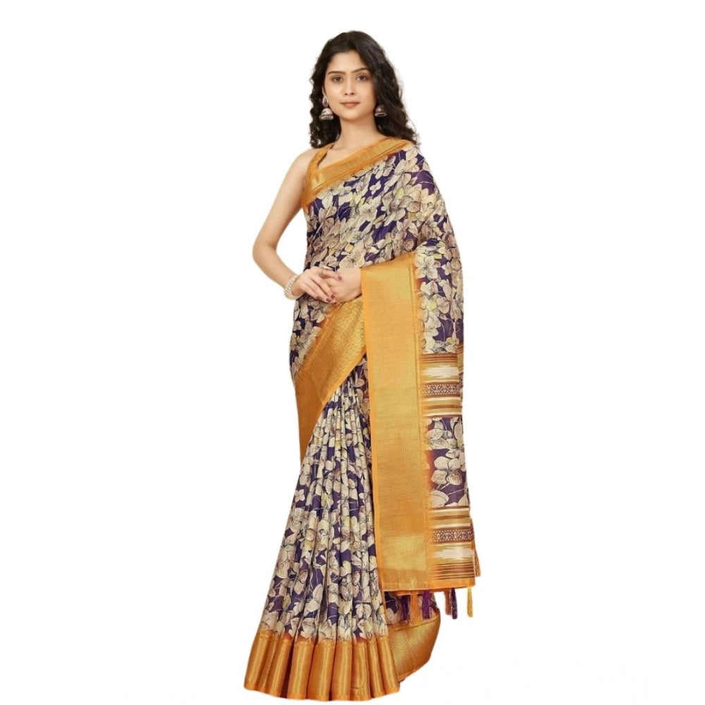 Women's Cotton Silk Floral Printed Saree With Unstitched Blouse 5.5Mtr (Purple)