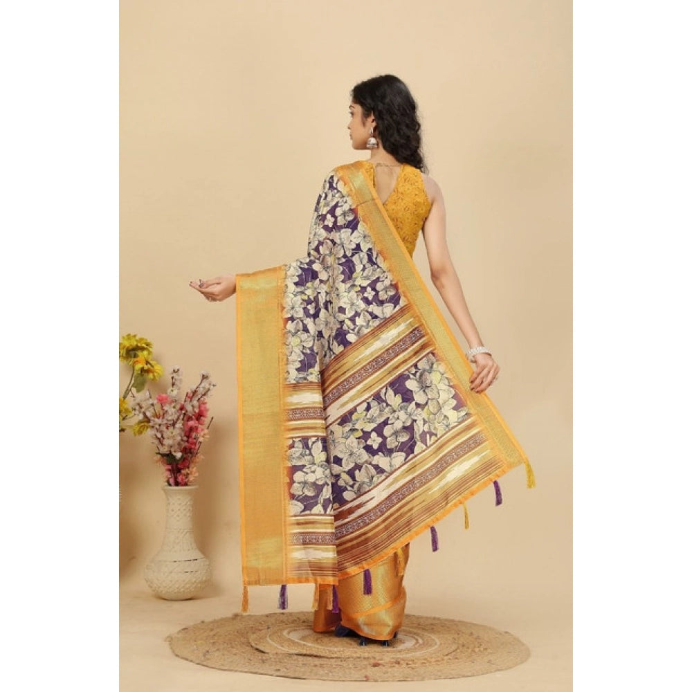Women's Cotton Silk Floral Printed Saree With Unstitched Blouse 5.5Mtr (Purple)