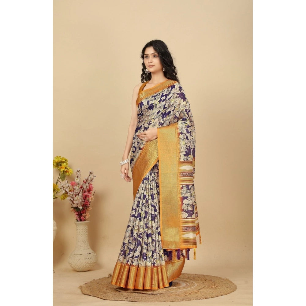 Women's Cotton Silk Floral Printed Saree With Unstitched Blouse 5.5Mtr (Purple)