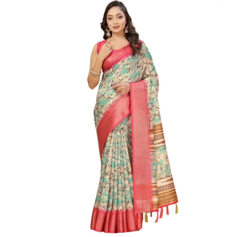 Women's Cotton Silk Floral Printed Saree With Unstitched Blouse 5.5Mtr (Multicolor)
