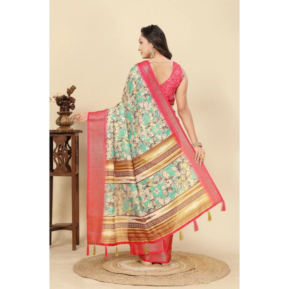 Women's Cotton Silk Floral Printed Saree With Unstitched Blouse 5.5Mtr (Multicolor)