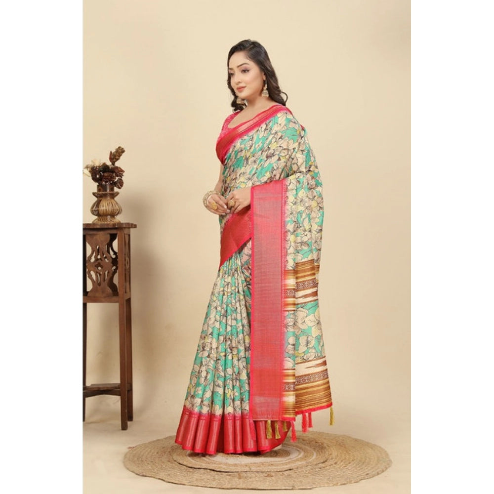 Women's Cotton Silk Floral Printed Saree With Unstitched Blouse 5.5Mtr (Multicolor)