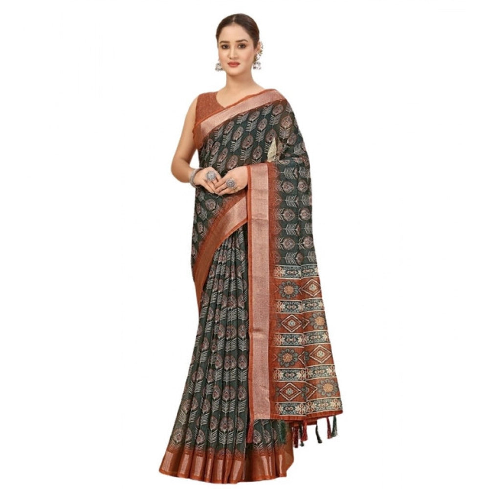 Women's Cotton Silk Printed Saree With Unstitched Blouse 5.5Mtr (Multicolor)