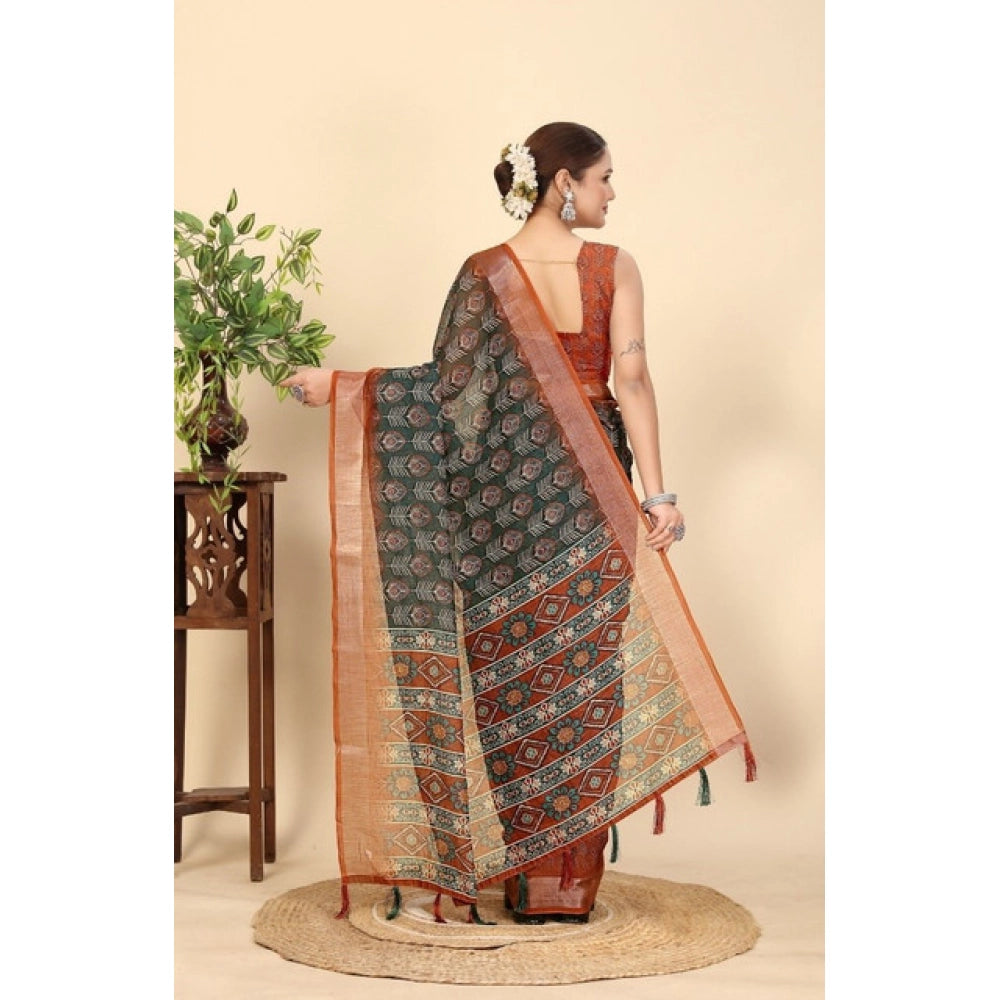 Women's Cotton Silk Printed Saree With Unstitched Blouse 5.5Mtr (Multicolor)