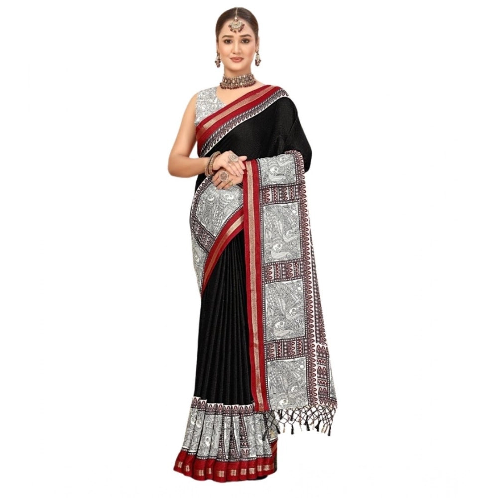 Women's Cotton Silk Printed Saree With Unstitched Blouse 5.5Mtr (Black)