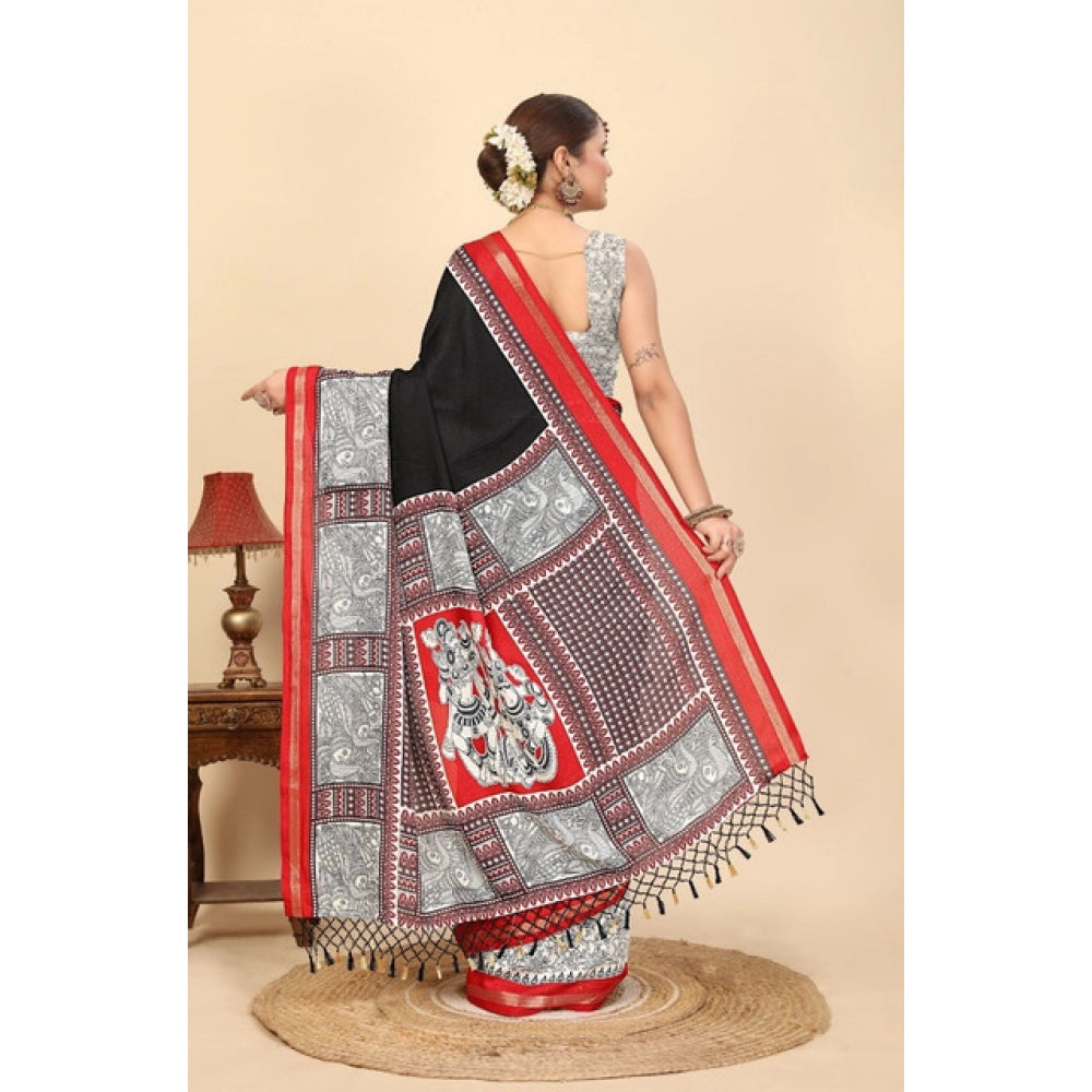 Women's Cotton Silk Printed Saree With Unstitched Blouse 5.5Mtr (Black)