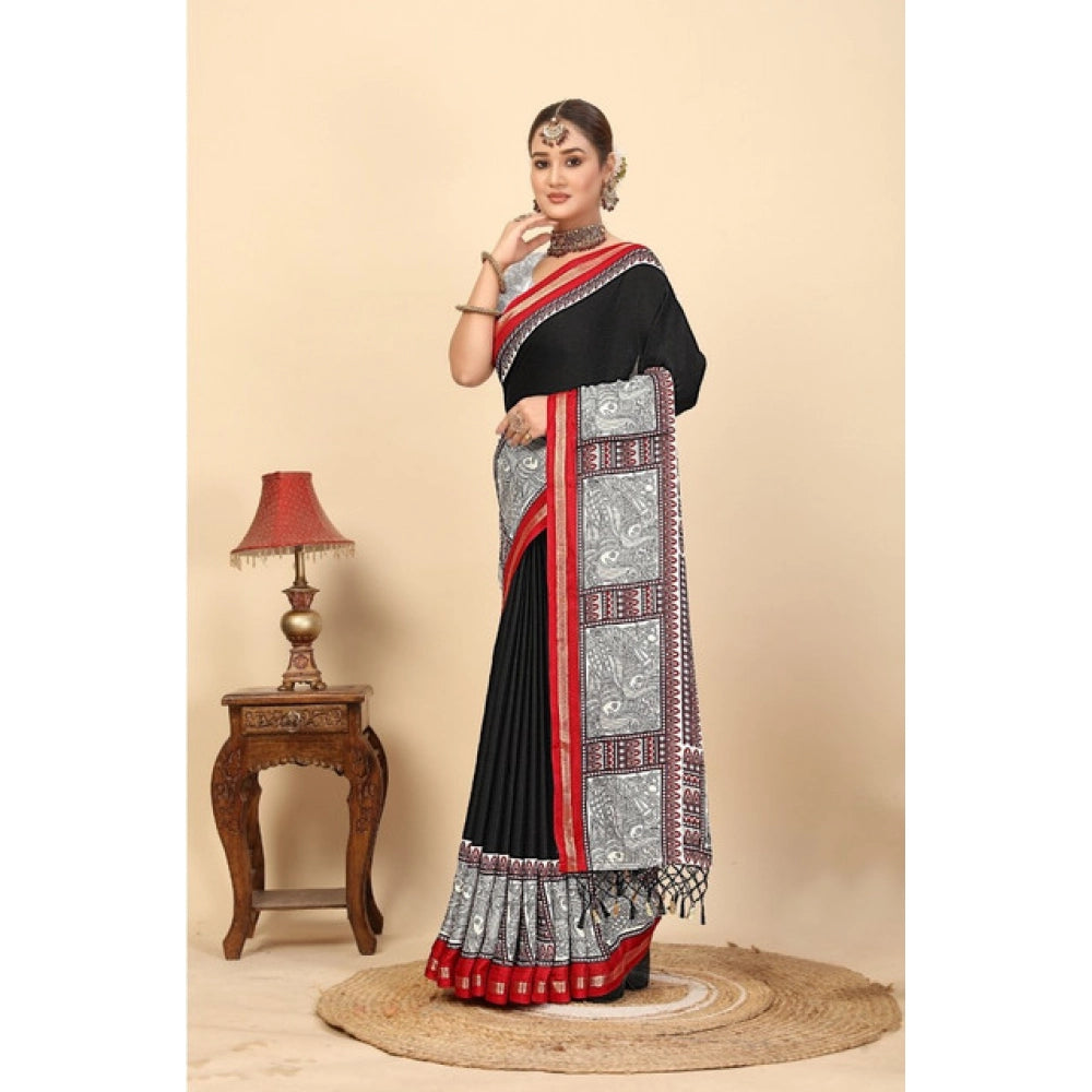 Women's Cotton Silk Printed Saree With Unstitched Blouse 5.5Mtr (Black)