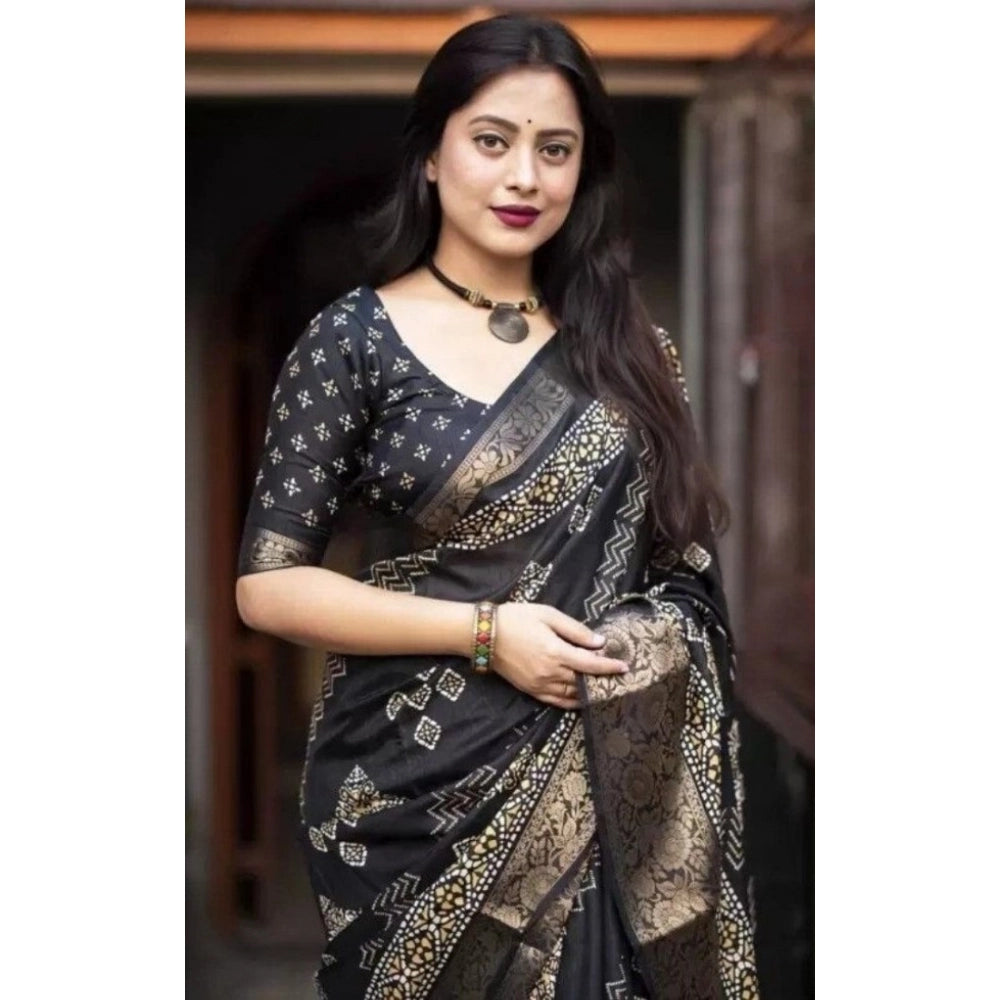 Women's Cotton Silk Printed Saree With Unstitched Blouse 5.5Mtr (Black)
