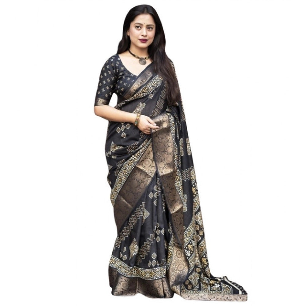 Women's Cotton Silk Printed Saree With Unstitched Blouse 5.5Mtr (Black)