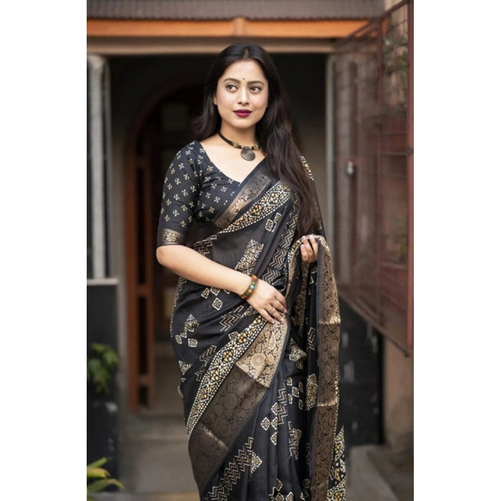 Women's Cotton Silk Printed Saree With Unstitched Blouse 5.5Mtr (Black)