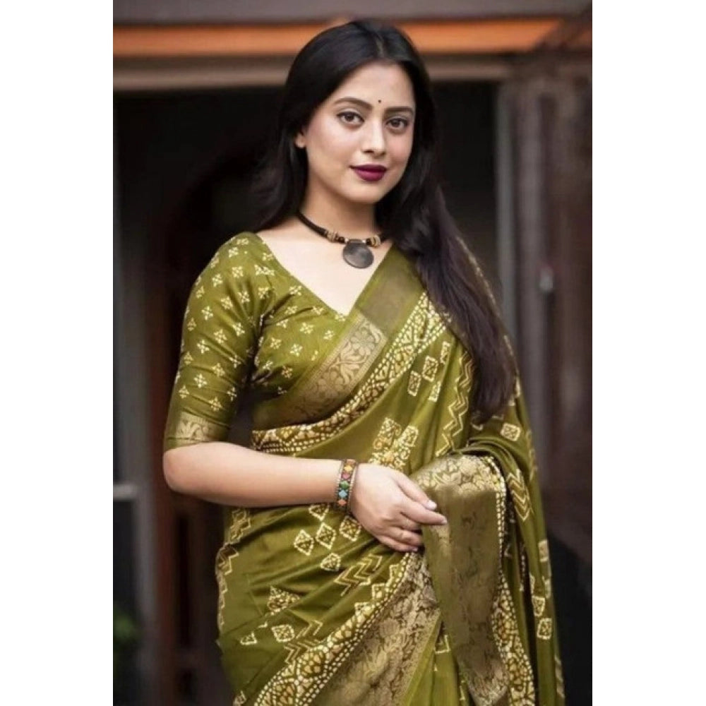 Women's Cotton Silk Printed Saree With Unstitched Blouse 5.5Mtr (Green)