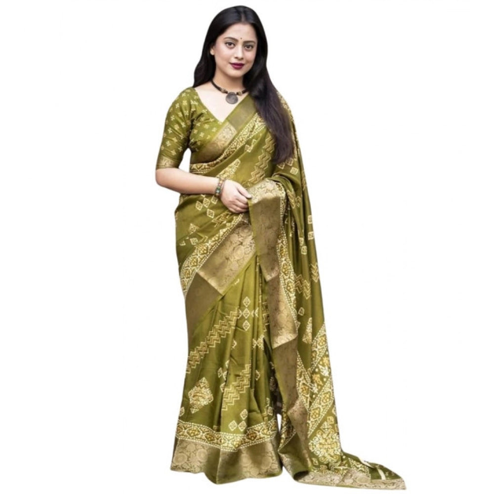Women's Cotton Silk Printed Saree With Unstitched Blouse 5.5Mtr (Green)