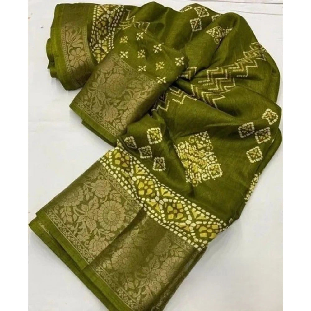 Women's Cotton Silk Printed Saree With Unstitched Blouse 5.5Mtr (Green)