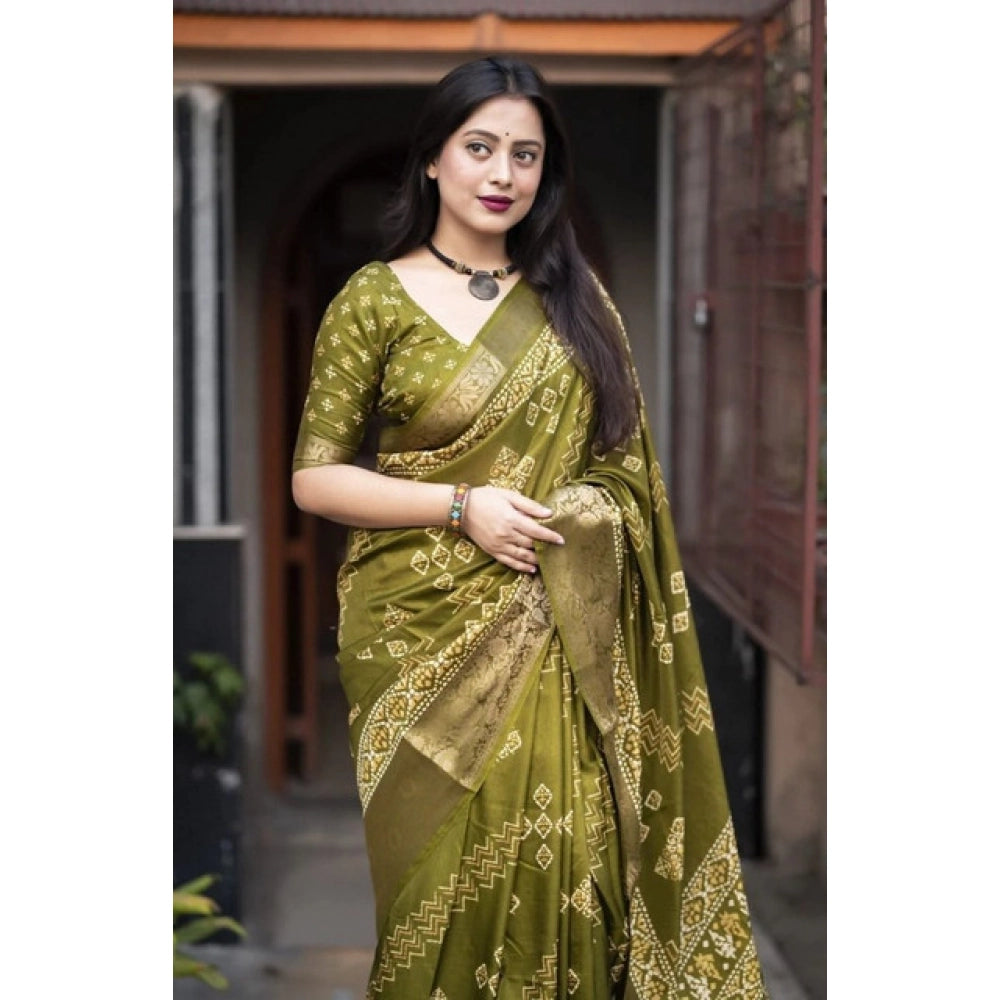 Women's Cotton Silk Printed Saree With Unstitched Blouse 5.5Mtr (Green)