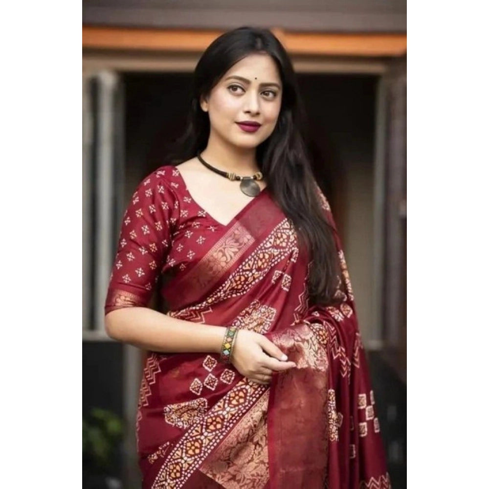 Women's Cotton Silk Printed Saree With Unstitched Blouse 5.5Mtr (Maroon)