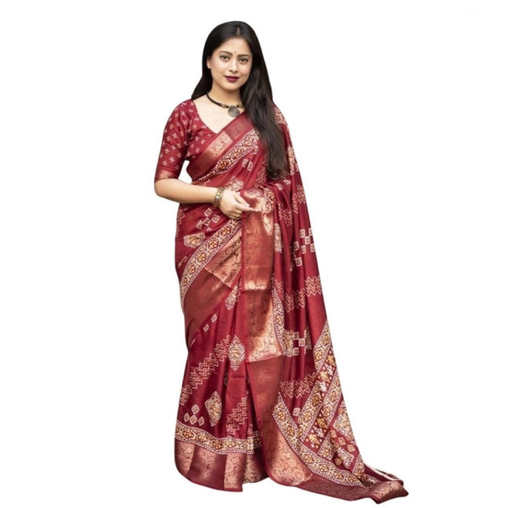 Women's Cotton Silk Printed Saree With Unstitched Blouse 5.5Mtr (Maroon)