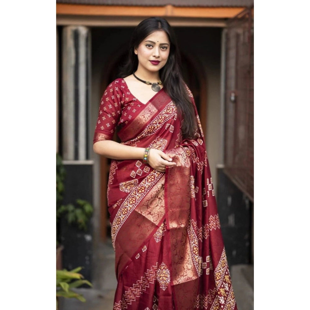 Women's Cotton Silk Printed Saree With Unstitched Blouse 5.5Mtr (Maroon)