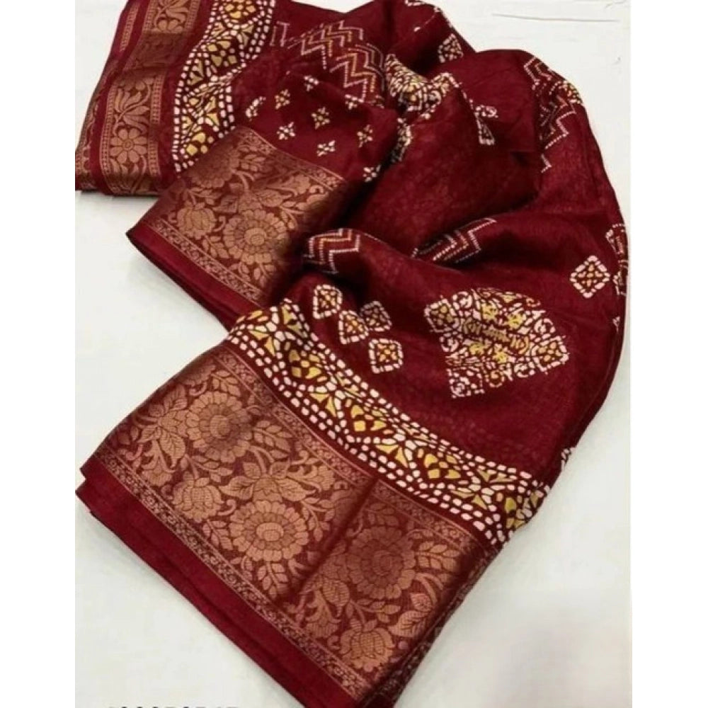 Women's Cotton Silk Printed Saree With Unstitched Blouse 5.5Mtr (Maroon)