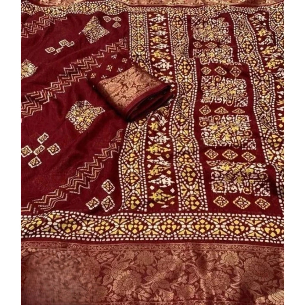 Women's Cotton Silk Printed Saree With Unstitched Blouse 5.5Mtr (Maroon)