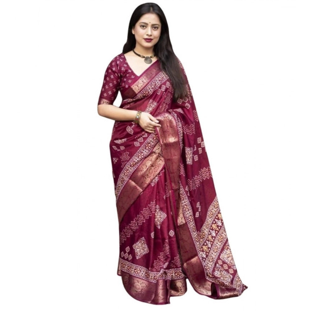 Women's Cotton Silk Printed Saree With Unstitched Blouse 5.5Mtr (Wine)