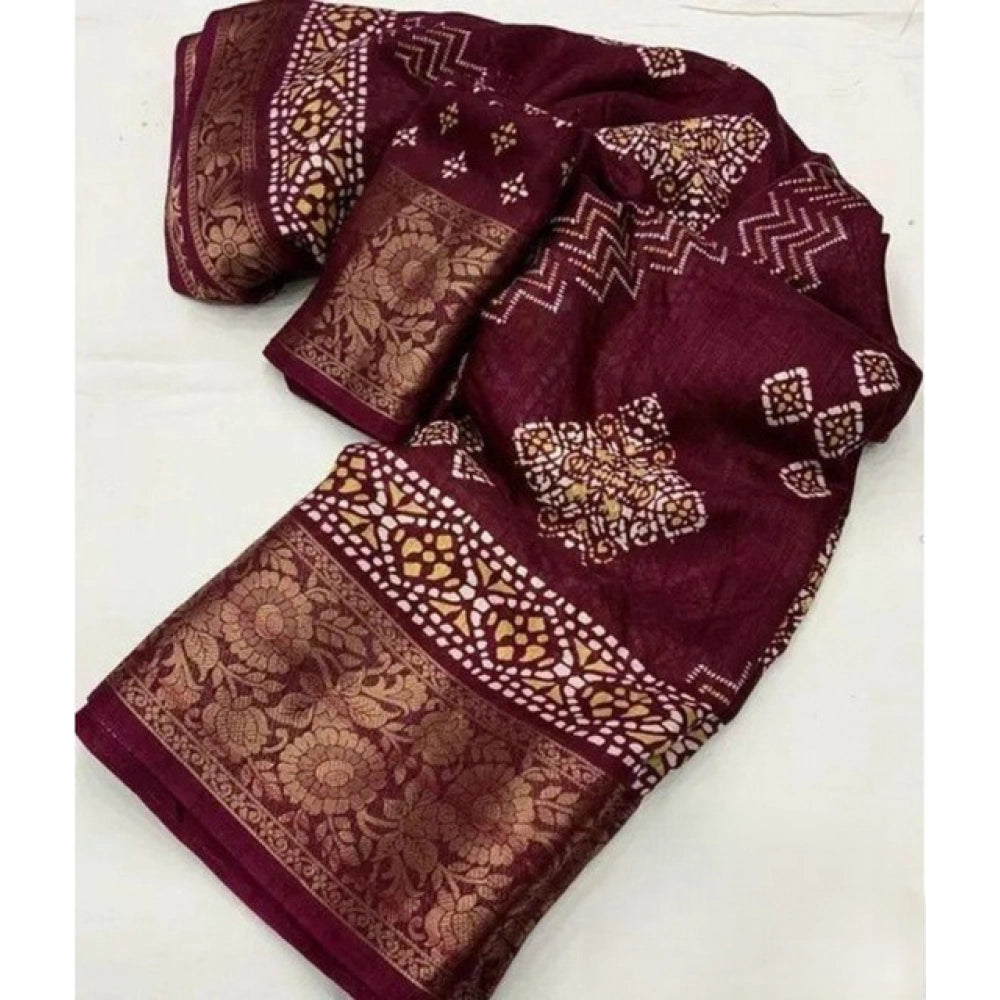 Women's Cotton Silk Printed Saree With Unstitched Blouse 5.5Mtr (Wine)