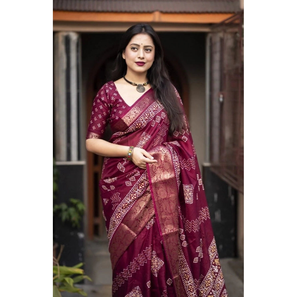Women's Cotton Silk Printed Saree With Unstitched Blouse 5.5Mtr (Wine)