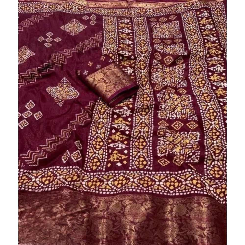 Women's Cotton Silk Printed Saree With Unstitched Blouse 5.5Mtr (Wine)