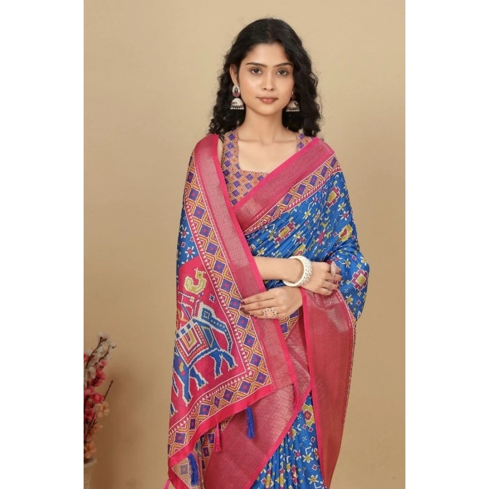 Women's Cotton Silk Printed Saree With Unstitched Blouse 5.5Mtr (Blue)
