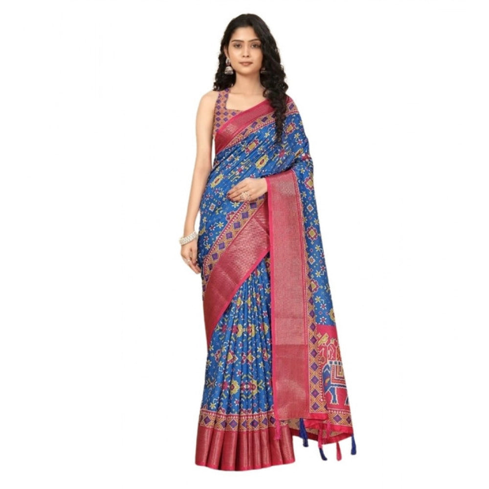 Women's Cotton Silk Printed Saree With Unstitched Blouse 5.5Mtr (Blue)