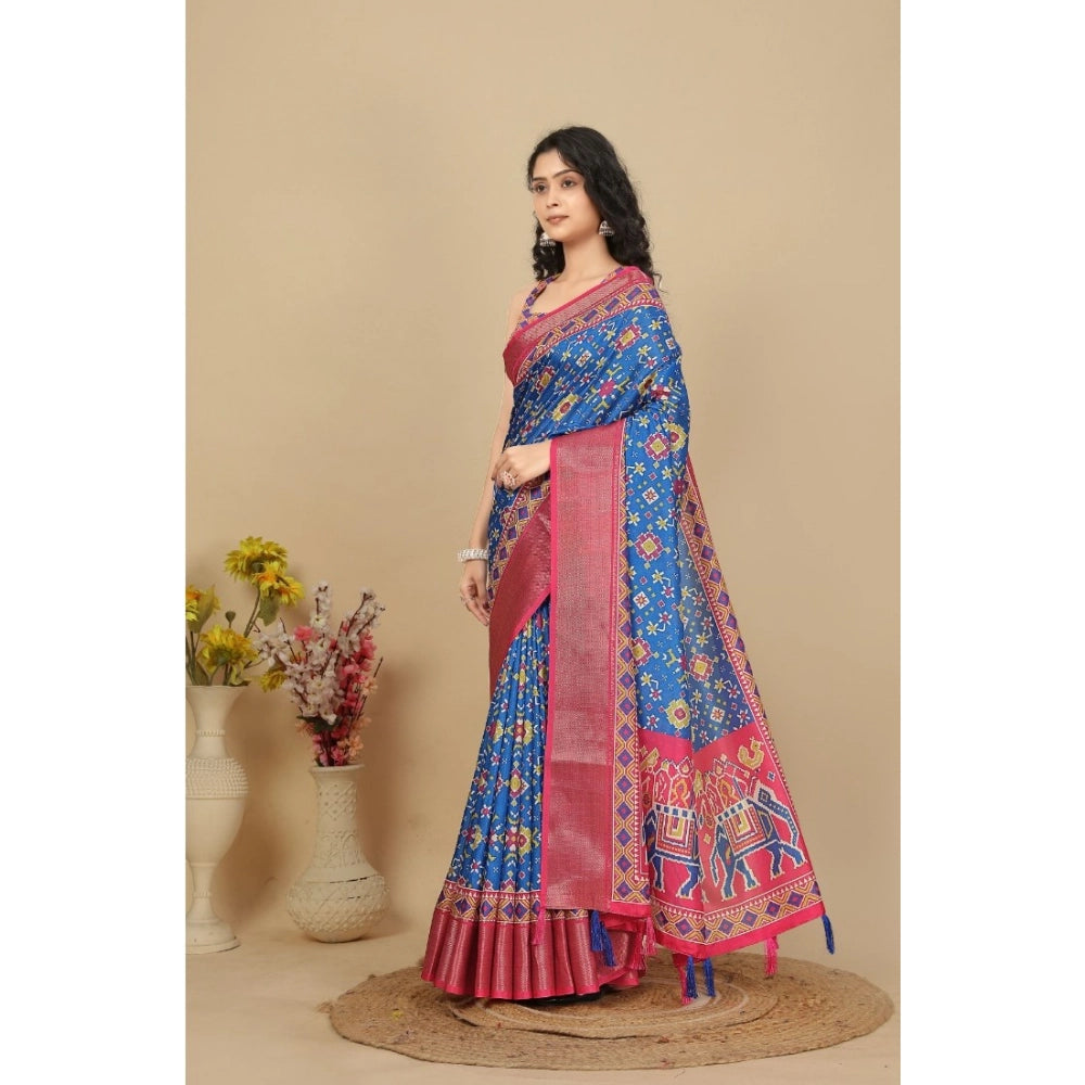 Women's Cotton Silk Printed Saree With Unstitched Blouse 5.5Mtr (Blue)