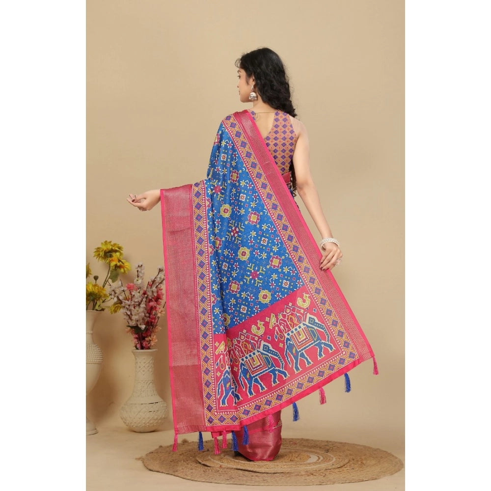 Women's Cotton Silk Printed Saree With Unstitched Blouse 5.5Mtr (Blue)