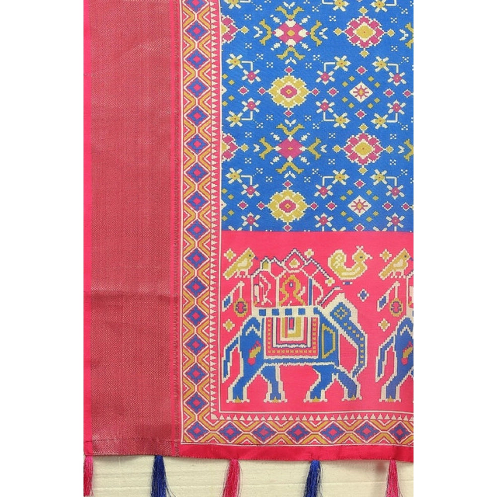 Women's Cotton Silk Printed Saree With Unstitched Blouse 5.5Mtr (Blue)