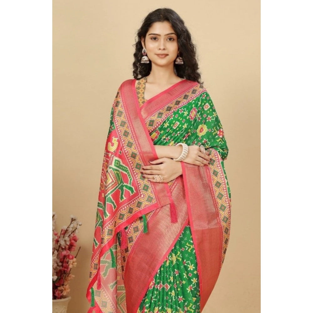 Women's Cotton Silk Printed Saree With Unstitched Blouse 5.5Mtr (Green)