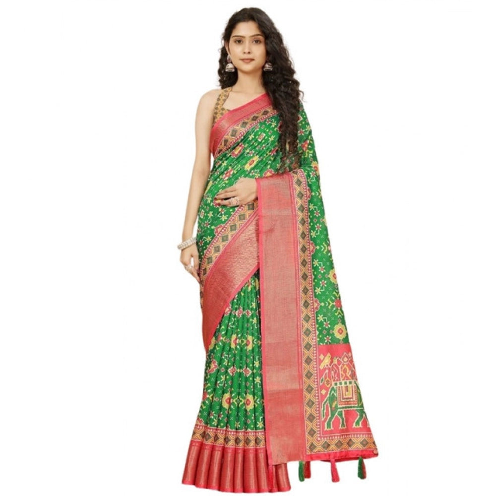 Women's Cotton Silk Printed Saree With Unstitched Blouse 5.5Mtr (Green)