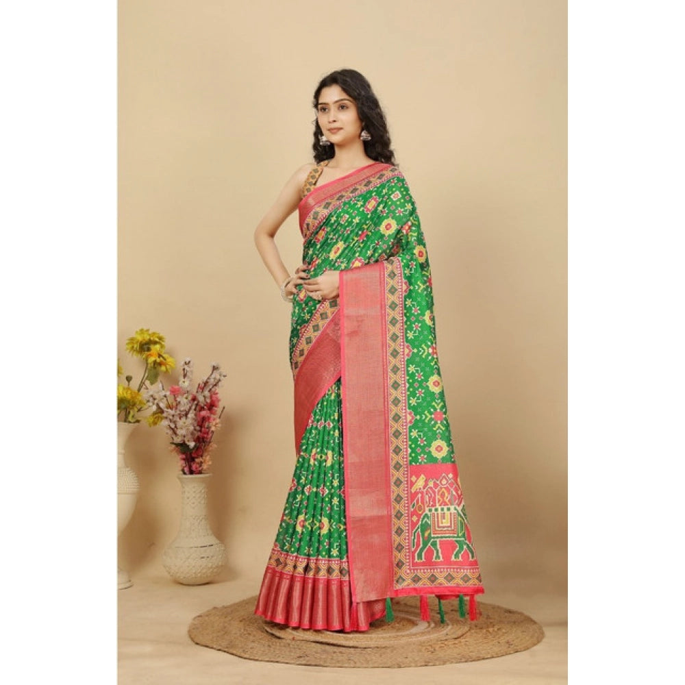 Women's Cotton Silk Printed Saree With Unstitched Blouse 5.5Mtr (Green)