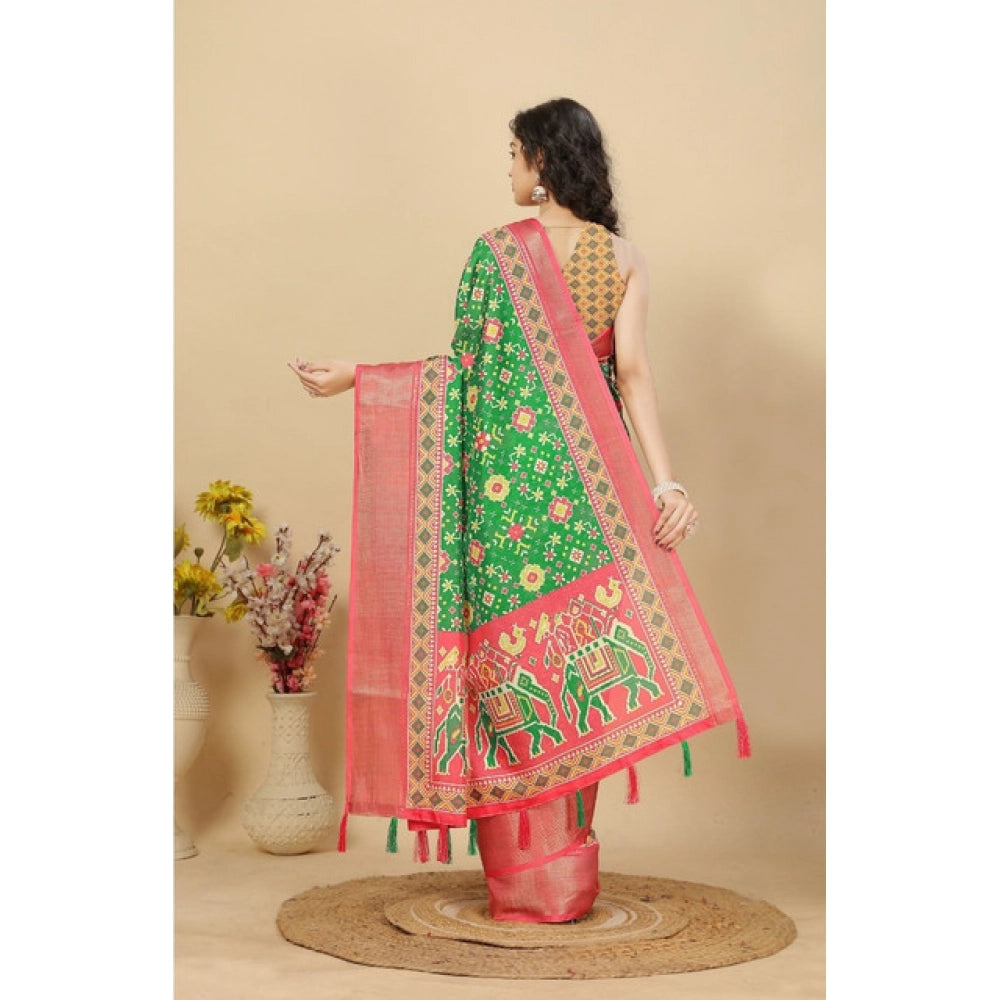 Women's Cotton Silk Printed Saree With Unstitched Blouse 5.5Mtr (Green)