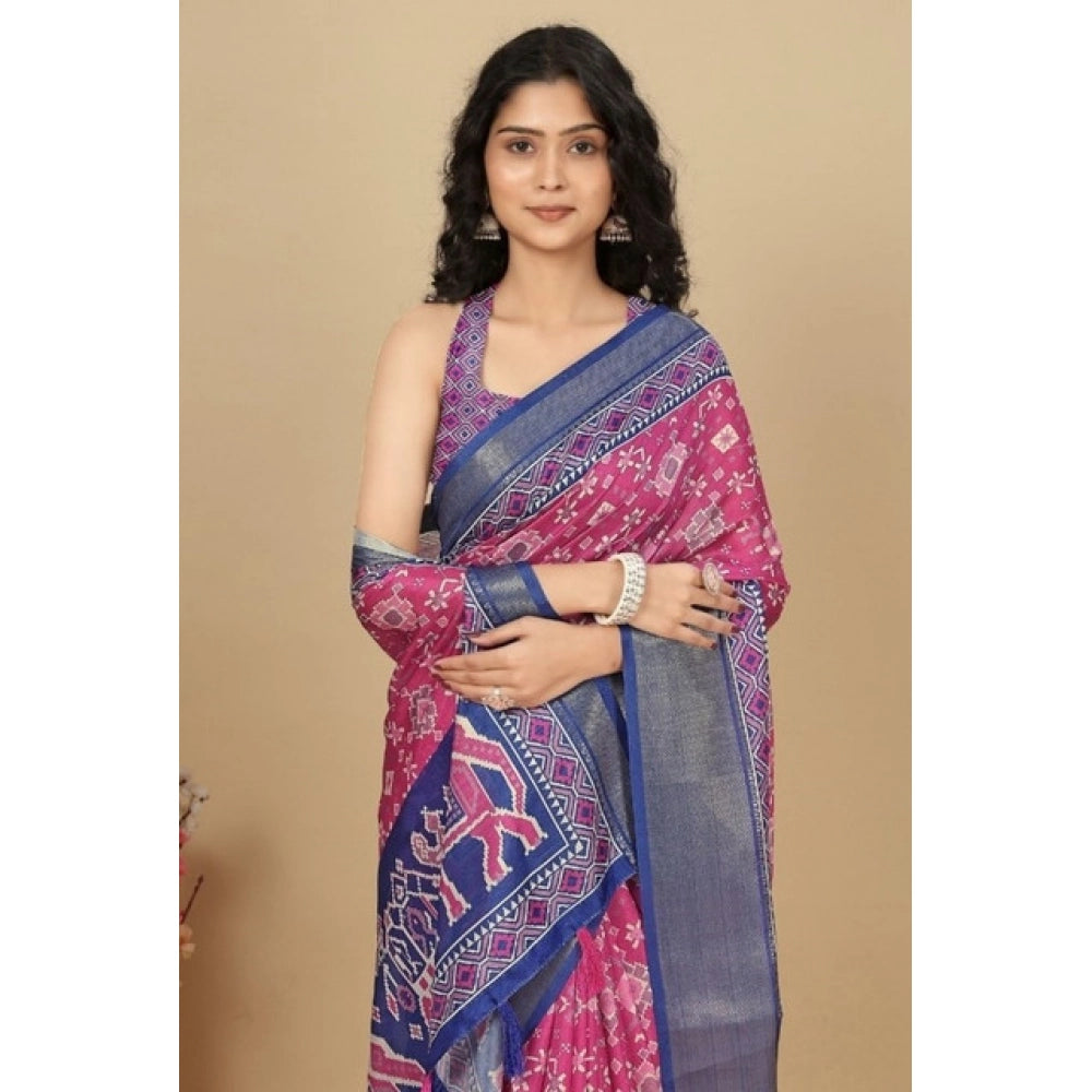 Women's Cotton Silk Printed Saree With Unstitched Blouse 5.5Mtr (Pink)