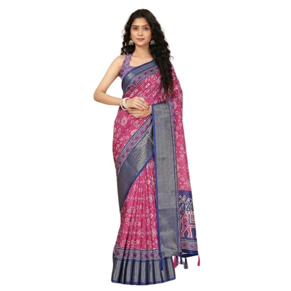 Women's Cotton Silk Printed Saree With Unstitched Blouse 5.5Mtr (Pink)