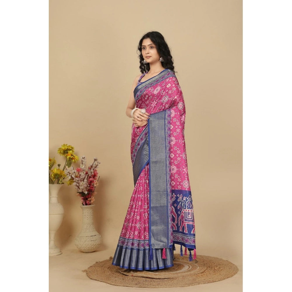 Women's Cotton Silk Printed Saree With Unstitched Blouse 5.5Mtr (Pink)