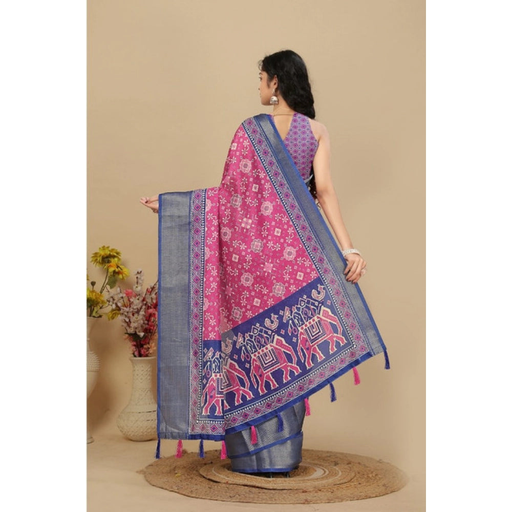 Women's Cotton Silk Printed Saree With Unstitched Blouse 5.5Mtr (Pink)
