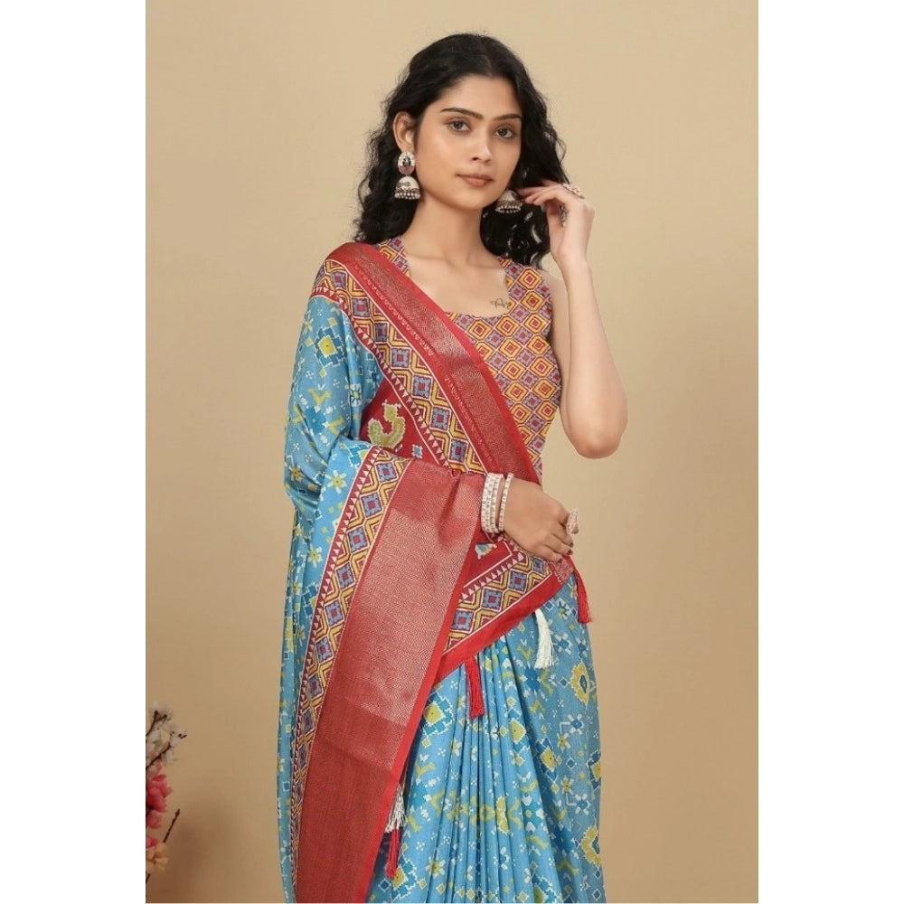 Women's Cotton Silk Printed Saree With Unstitched Blouse 5.5Mtr (Rama)