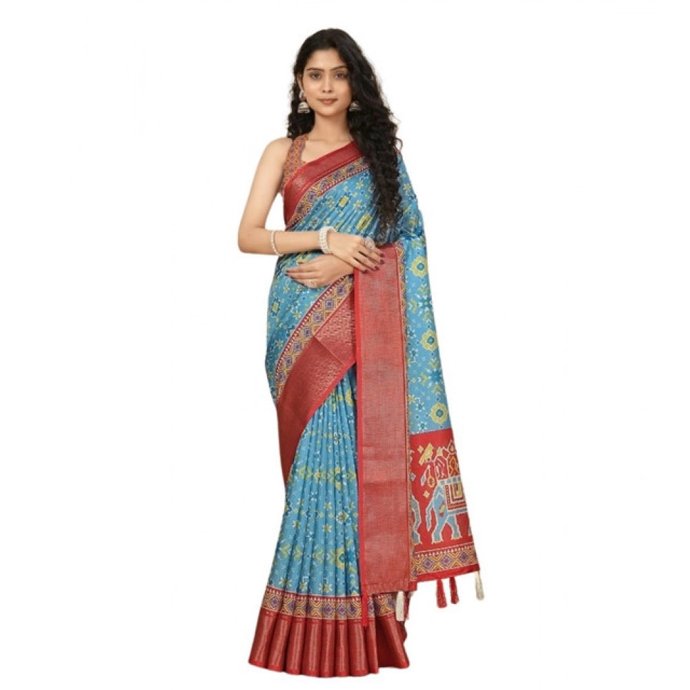 Women's Cotton Silk Printed Saree With Unstitched Blouse 5.5Mtr (Rama)
