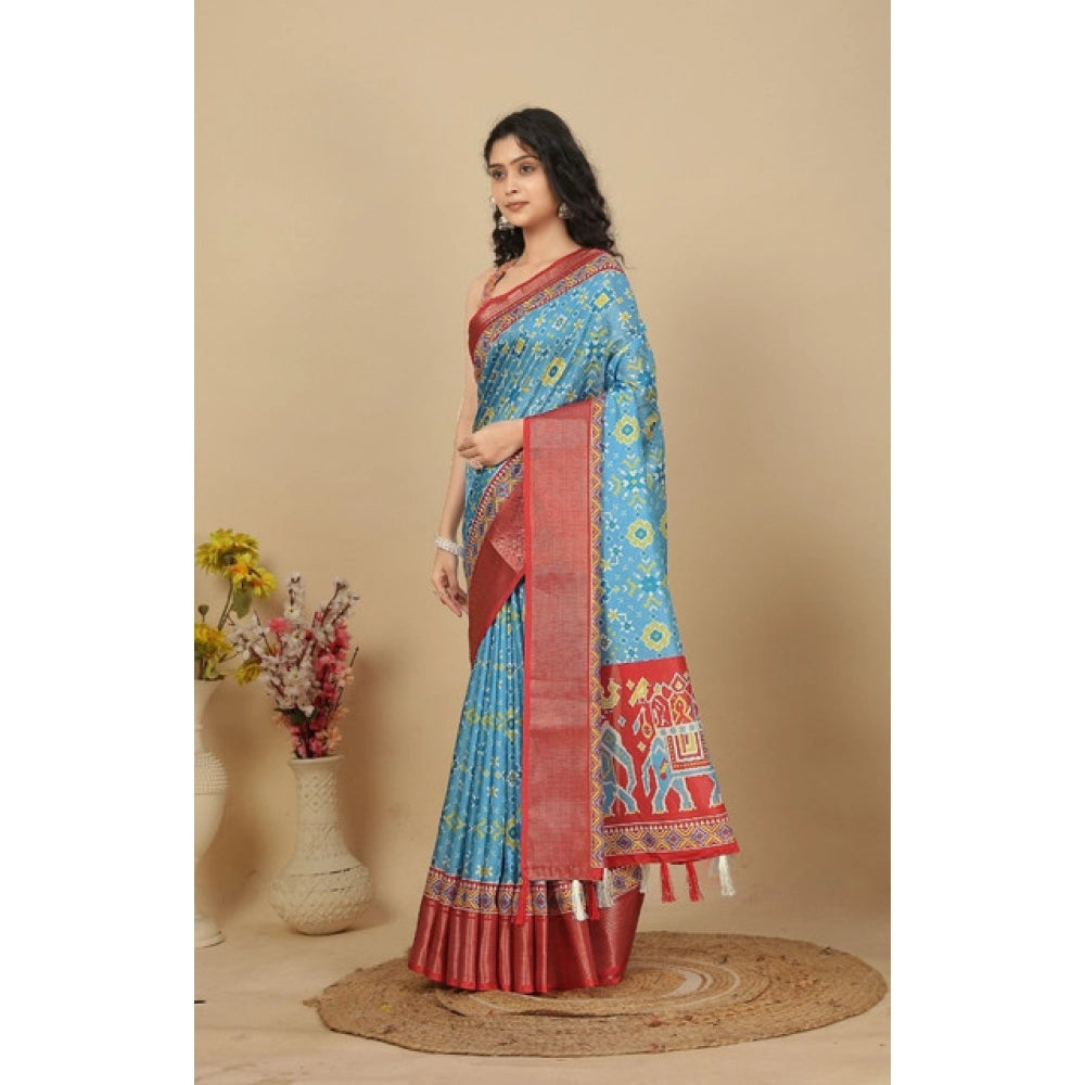 Women's Cotton Silk Printed Saree With Unstitched Blouse 5.5Mtr (Rama)