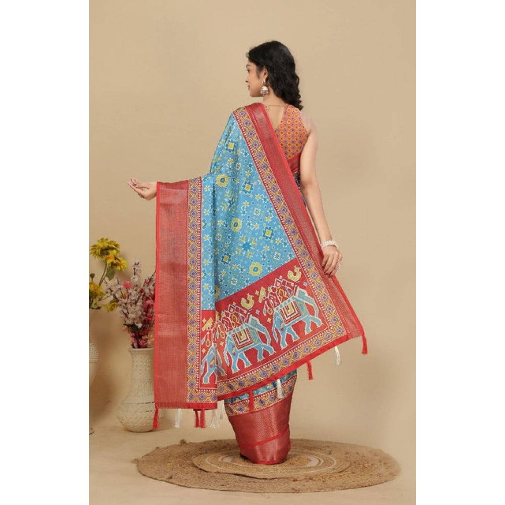 Women's Cotton Silk Printed Saree With Unstitched Blouse 5.5Mtr (Rama)