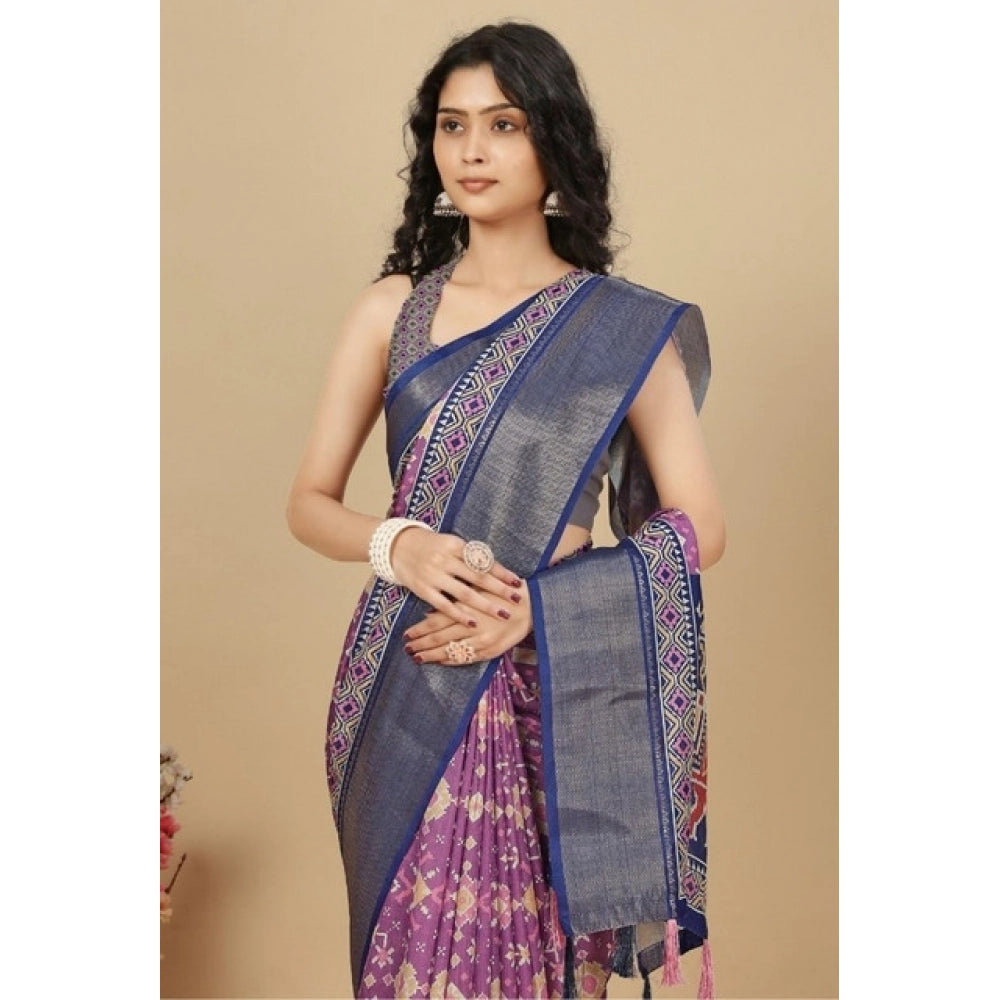 Women's Cotton Silk Printed Saree With Unstitched Blouse 5.5Mtr (Wine)