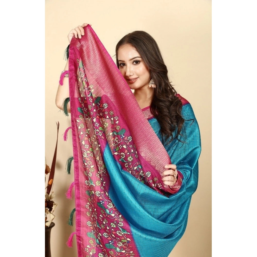 Women's Cotton Silk Printed Saree With Unstitched Blouse 5.5Mtr (Blue-Pink)