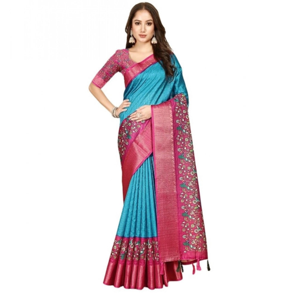 Women's Cotton Silk Printed Saree With Unstitched Blouse 5.5Mtr (Blue-Pink)
