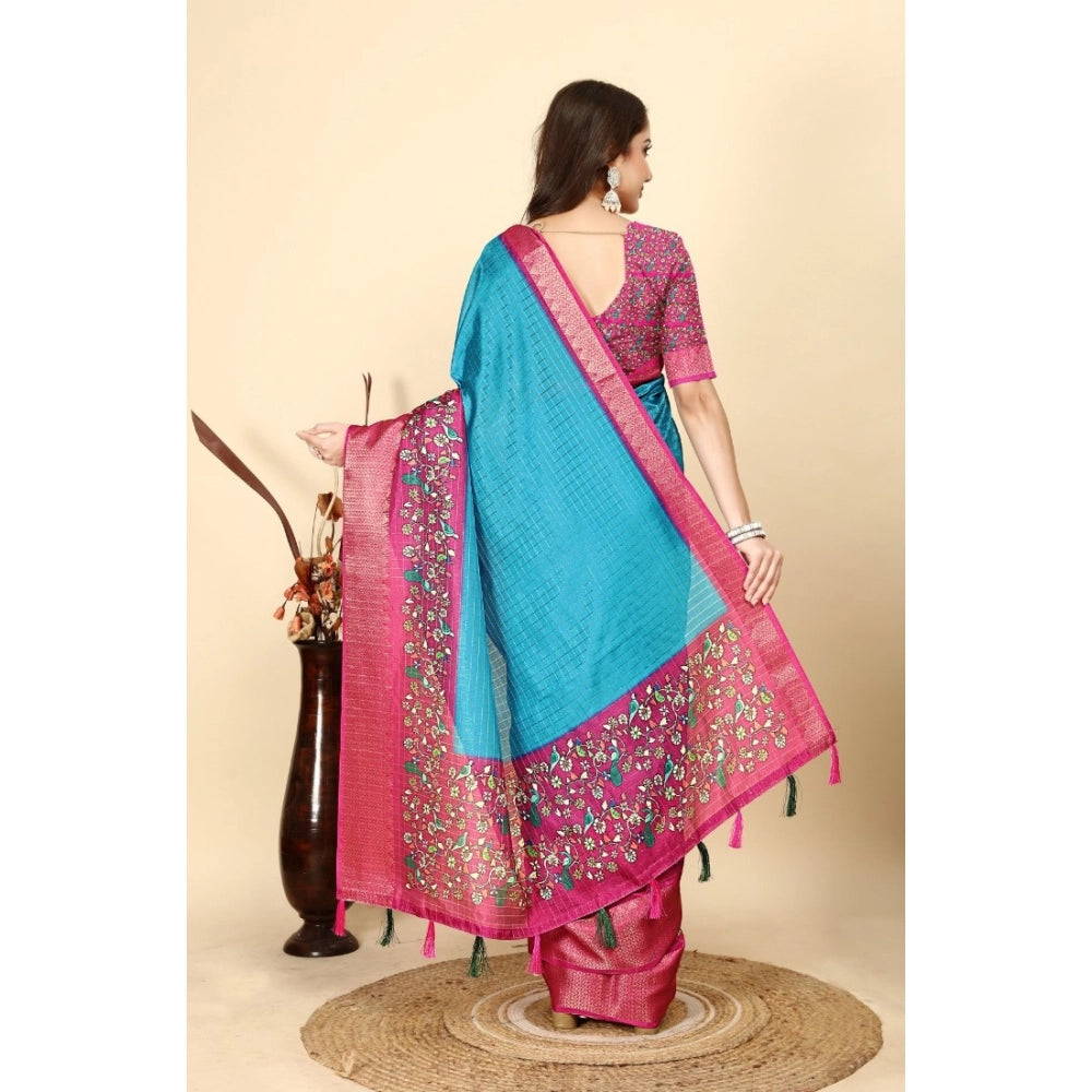 Women's Cotton Silk Printed Saree With Unstitched Blouse 5.5Mtr (Blue-Pink)