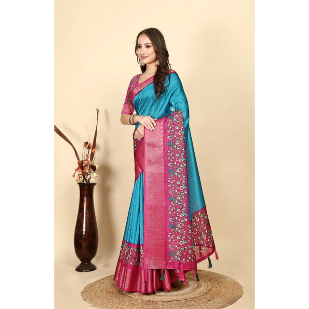 Women's Cotton Silk Printed Saree With Unstitched Blouse 5.5Mtr (Blue-Pink)