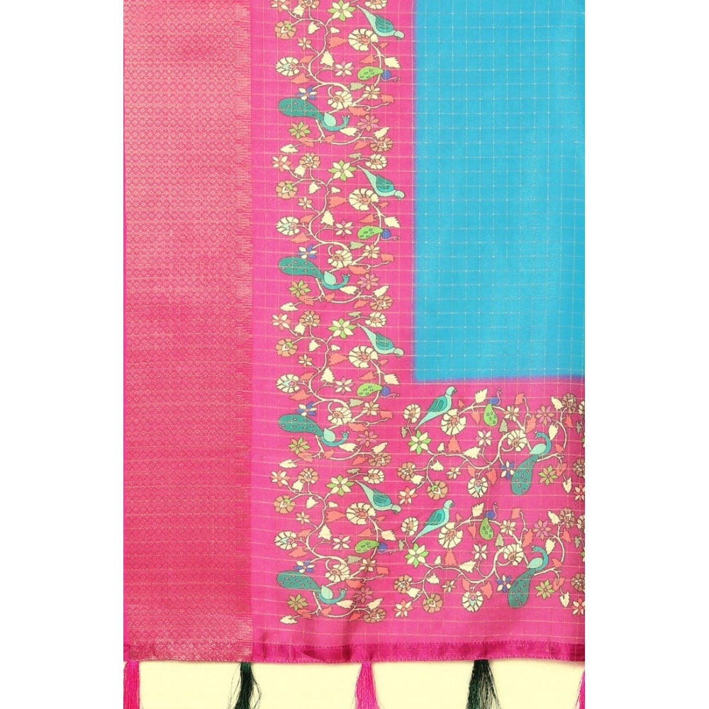 Women's Cotton Silk Printed Saree With Unstitched Blouse 5.5Mtr (Blue-Pink)